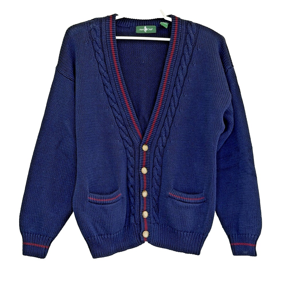 Vintage Hunt Club Cable Knit Varsity Cardigan Sweater Mens XL Preppy Ivy League